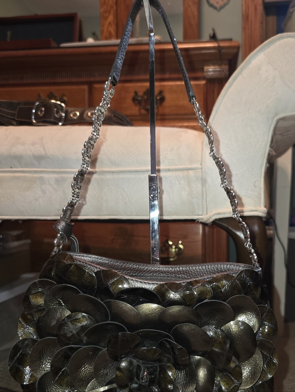BRIGHTON ROSALIE Floral Applique Shoulder Bag PEWTER